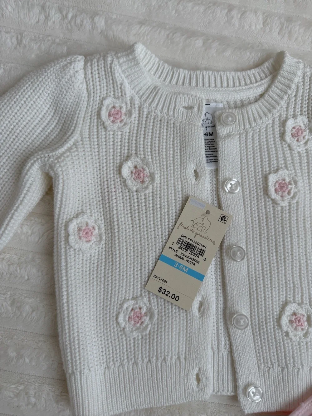 First Impressions White Crochet Cardigan & Pink Eyelet Romper